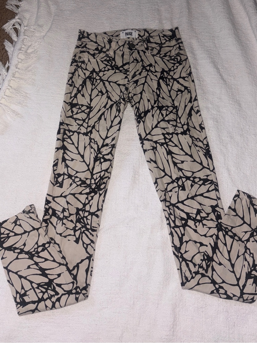 PAIGE Beige and Black Skinny Jeans with Leaf Print